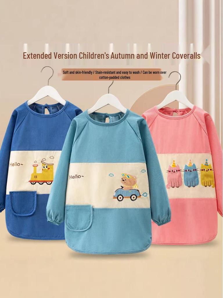 Reversible Long-Sleeve Waterproof Apron for Older Kids - Large Size, Suitable for Kindergarten Boys and Girls.