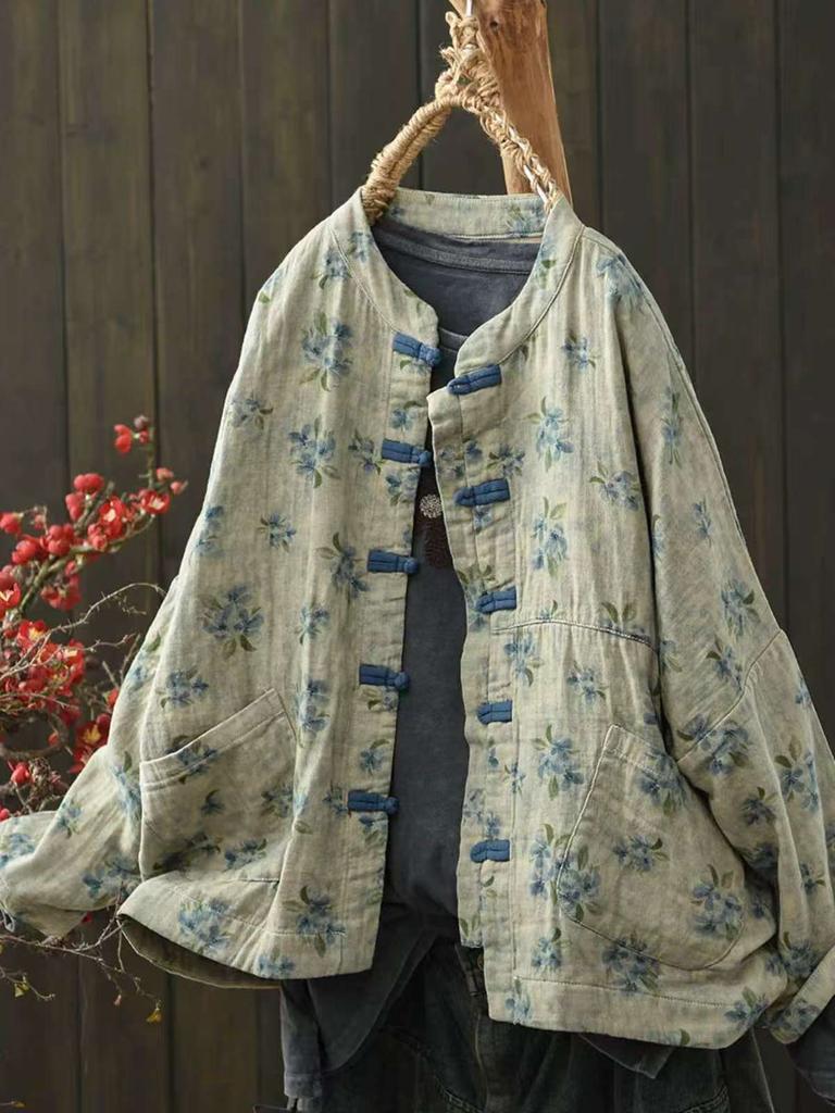 Johnature Women Vintage Print Floral Jackets Stand Long Sleeve Autumn Chinese Style Female Jackets