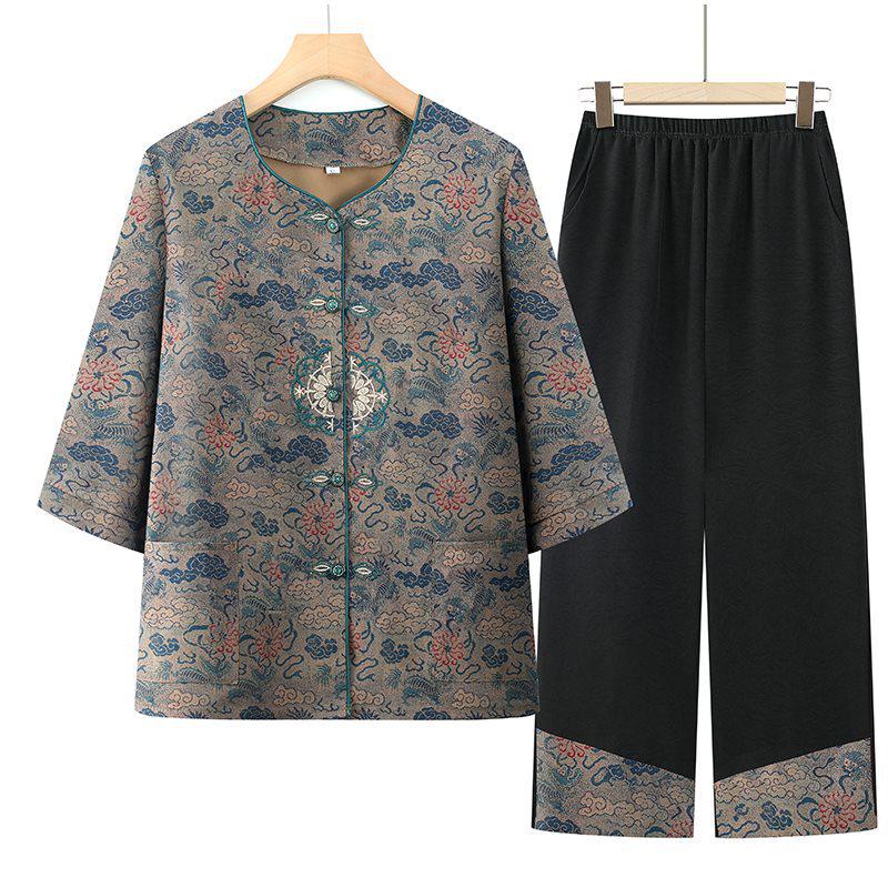 

Chinese Style Plus Size Tang Suit: Summer Seven-Sleeve Two-Piece Set for Elderly Women 5XL [For 145-160 kg]