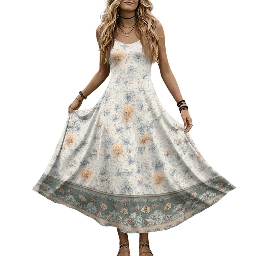 Women’s V Neck Sleeveless Maxi Dress with Adjustable Spaghetti Straps and Floral Print for Summer Beach Wear