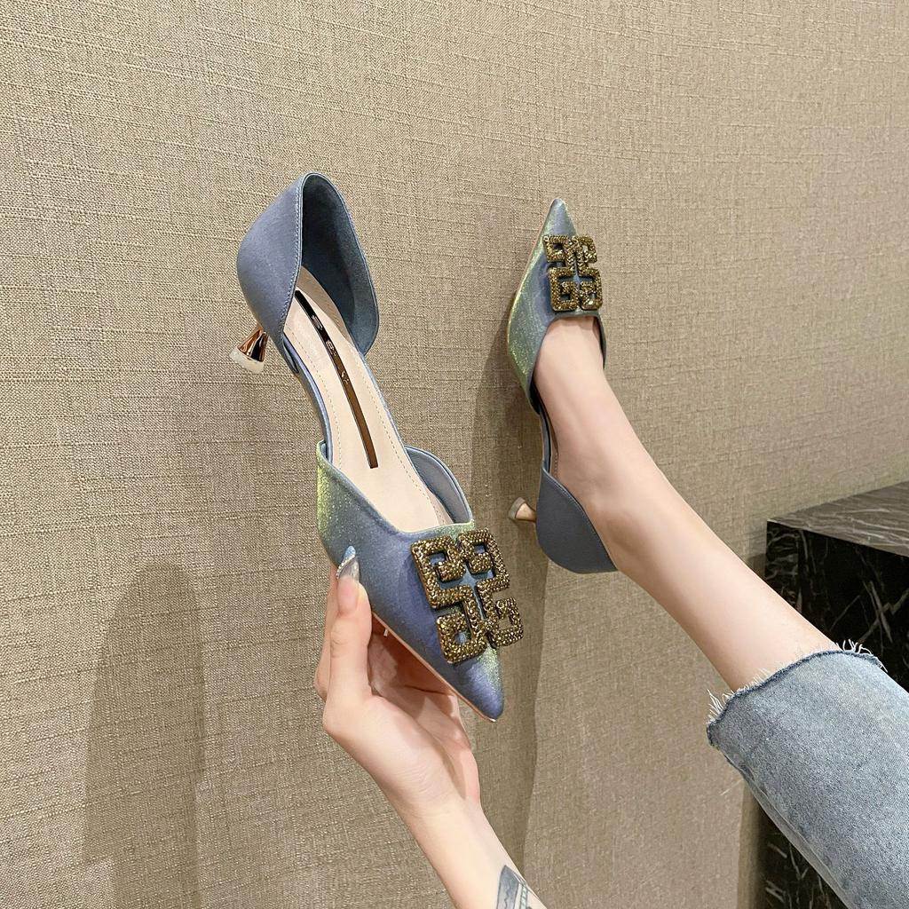 185-A1 French spring new hollow single shoes Internet celebrity professional pointed thin heel versatile rhinestone square buckle 5cm women