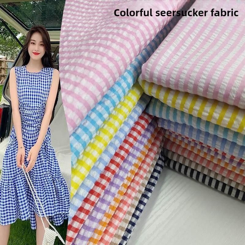 Thin Seersucker Plaid Fabrics By Meters for Summer Clothes Dress T-shirts Shirt Sewing Strip Needlework Soft Cloth Red Pink Blue
