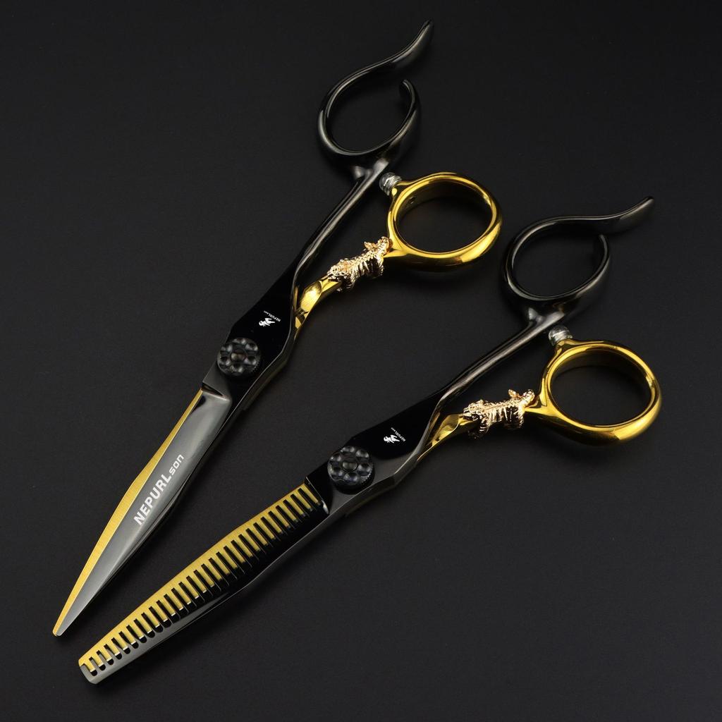Black 6.0 Inch Nimpson Black Steel Small Golden Tiger, Bearing Screw Hair Scissors, Hair Scissors, Tooth Scissors, Thin Scissors