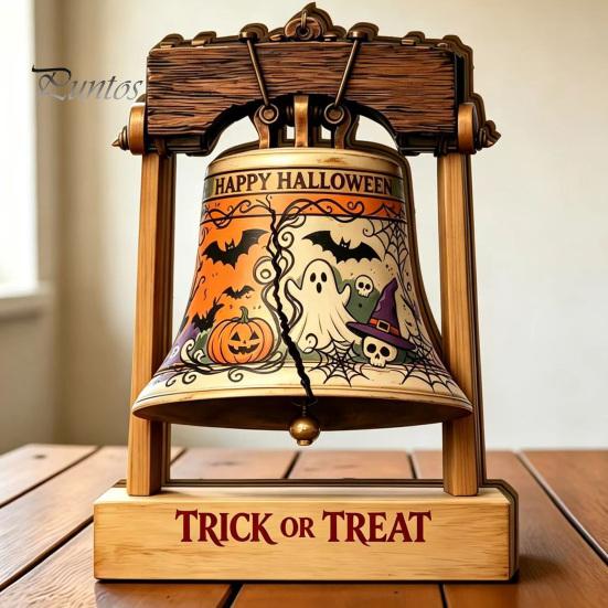 Housewarming Gift Ideas Vintage Halloween Wooden Bell Decor, Rustic Farmhouse Shelf Sitter with Artistic Photo Props Metal Wood Stand, Tabletop