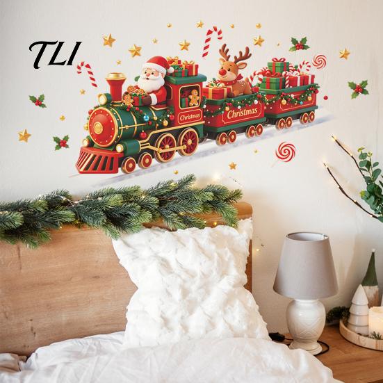Christmas Window Clings Train Wall Sticker, Santa Claus Reindeer Decals, Self Adhesive Holiday Mural Murals, Removable PVC Art Decor for Home