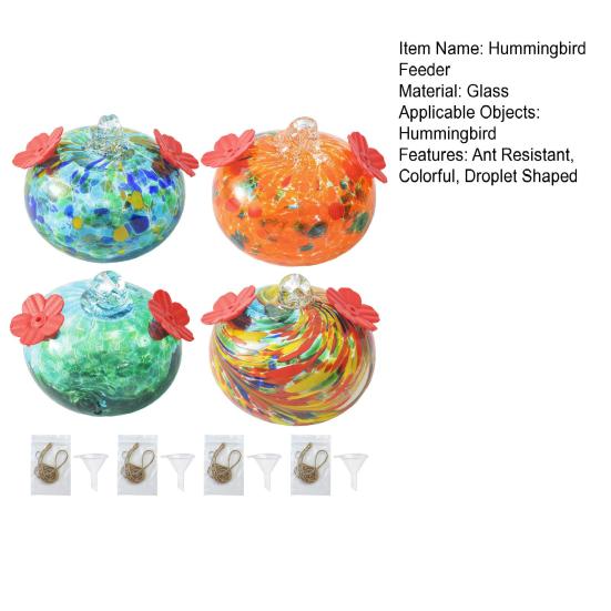 Stained Glass Hummingbird Feeder Droplet Shaped Hanging Birds Feeder Hummingbird Feeder with 2 Flower Feeding Ports for Outside Garden Courtyard