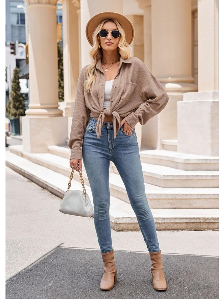 Single Breasted Pocket Waffle Fashion Shirt 2023 Women's Autumn and Winter New European and American Casual Loose Tops