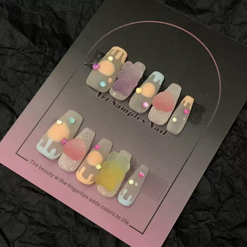 

Granulated Sugar Bear | Handmade Wear Nail New Cute Cartoon Sweet Cool Soft Sugar French Frosted Nail Stickers Middle ladder 25mm-xs