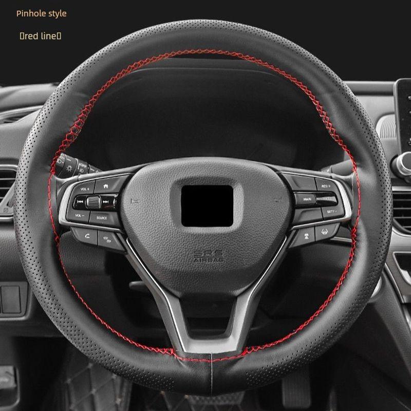 Steering Wheel Wrap with Genuine Leather Car Steering Wheel Cover, Hand-Stitched First-Layer Genuine Cowhide Leather for Volkswagen Lavida Whole Cowhide - Pinhole Style [Black Red Line]