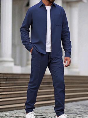 Zweiteiliges Set für Herren im europäischen und amerikanischen Stil: Jacke mit Umlegekragen & Lange Arbeitskleidungshose, Hochwertiges Polyester, Bequemes Design mit langen Ärmeln