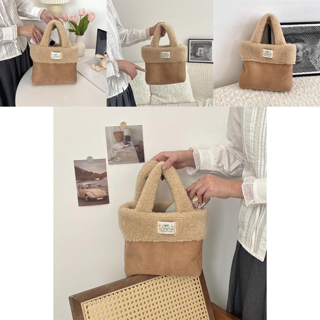 Stylish Brown Plush Tote Bag For Women Large Capacity Soft Casual Commuter Handbag