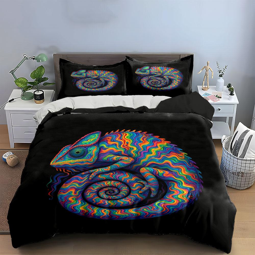 """Buntes Chamäleon Kunst-Set" Weiches hautfreundliches Bettwäsche-Set Enthält 1 Bettbezug Und 2 Kissenbezüge Geschenk"""
