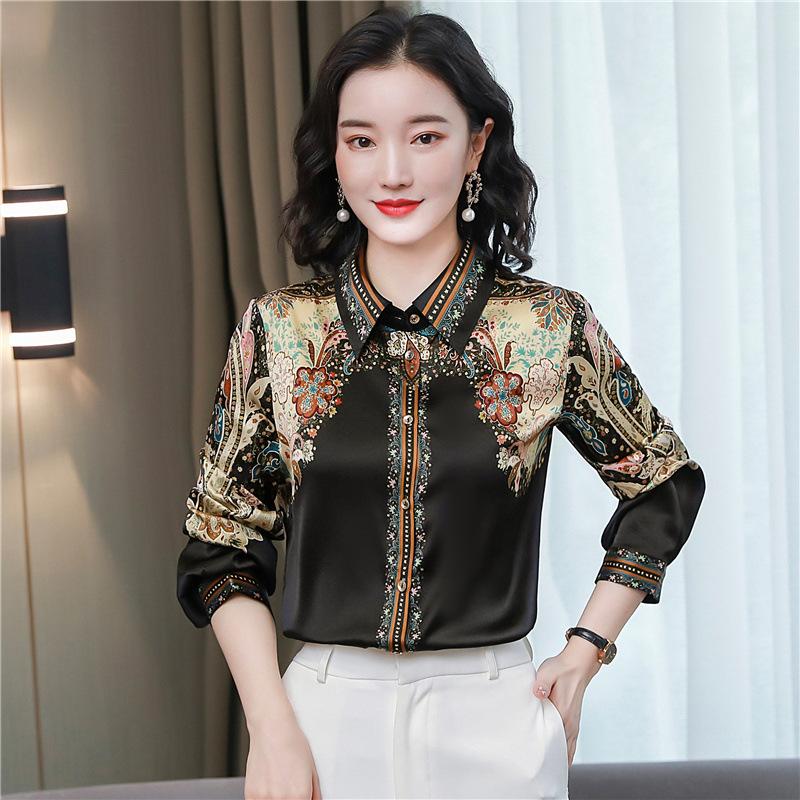 Women's Printed Lapel Chiffon Shirt Elegant Commute Long Sleeve Straight Blouse Spring Fashion Top