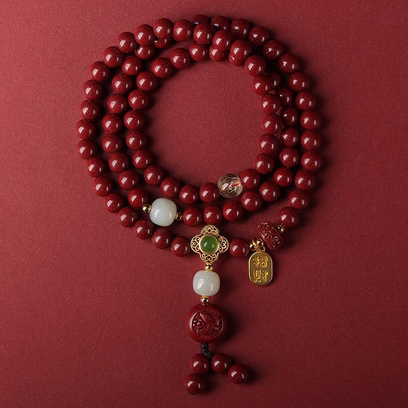 Киноварный зодиакальный многооборотный браслет с нефритом Хэтянь на год рождения - Унисекс Low Content 6mm