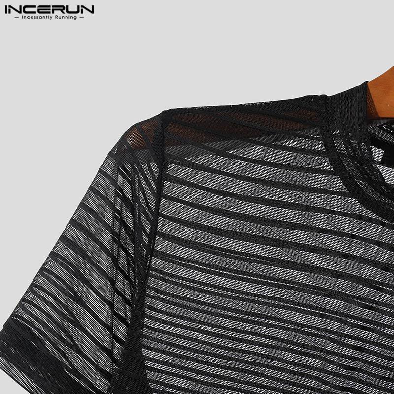 INCERUN Men Round Neck Mesh Striped T Shirts Summer Beach Party Short Sleeve See Through Tops 