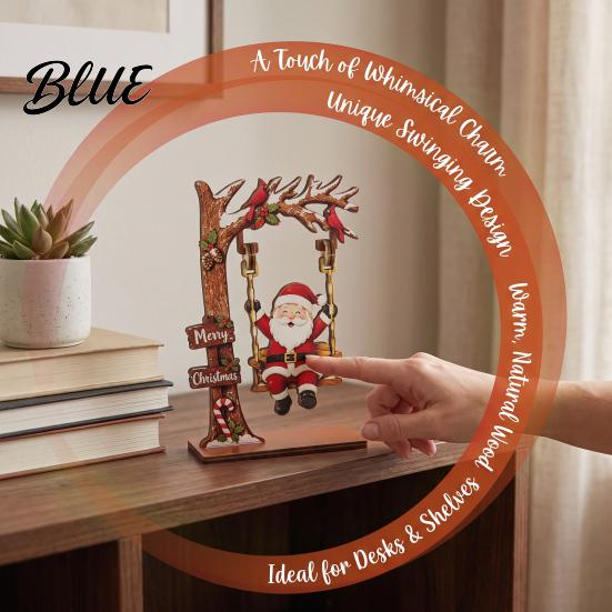Festive Fireplace Ornaments Christmas Wooden Ornaments, Santa Snowman Figurine with Moving Xmas Gift for Family Swing, Rustic Holiday Tabletop