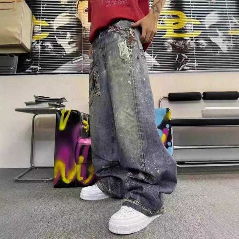 Unisex Vintage Distressed Denim Jeans With 3D Printed Chain Straight Cut Loose Fit Casual Pants