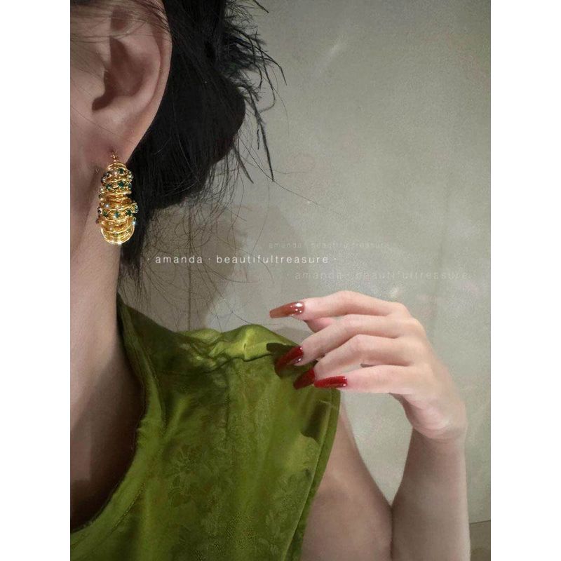 Fancy Exquisite Heavy Industry Green Rhinestone Big Hoop Earrings Gold Ear Ring High-Profile Earrings Fashion Hong Kong Style Earrings