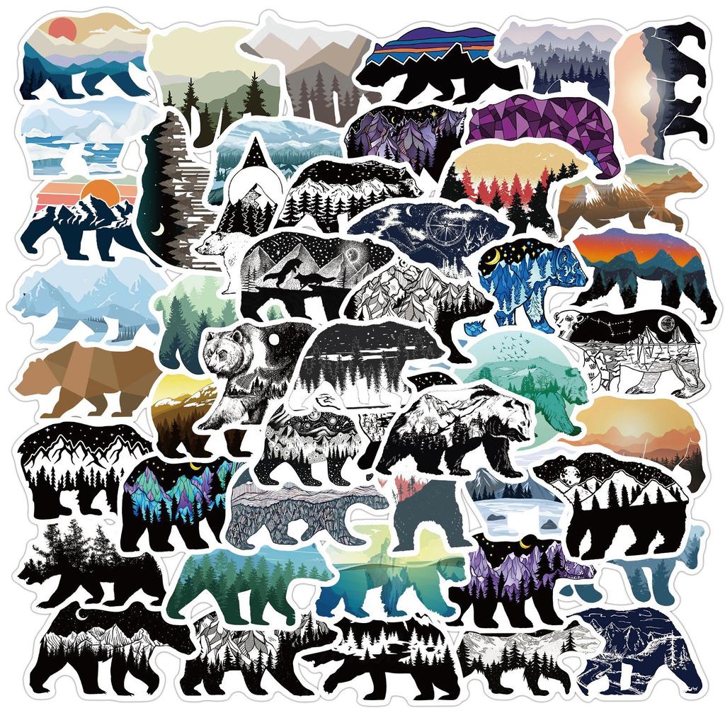 50 Pictures of Colorful Grizzly Bear Graffiti Stickers for Mountain Tops, Suitcase Motorcycle Trolley Case Notebook Waterproof DIY Stickers