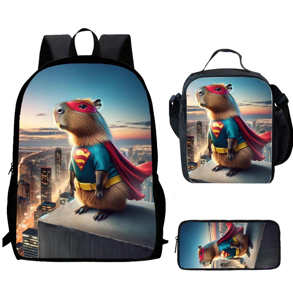 3pcs set Child Cute Capibara School Backpack with Lunch Bags ,Pencil Bags School Bags for Boys Girls Best Gift