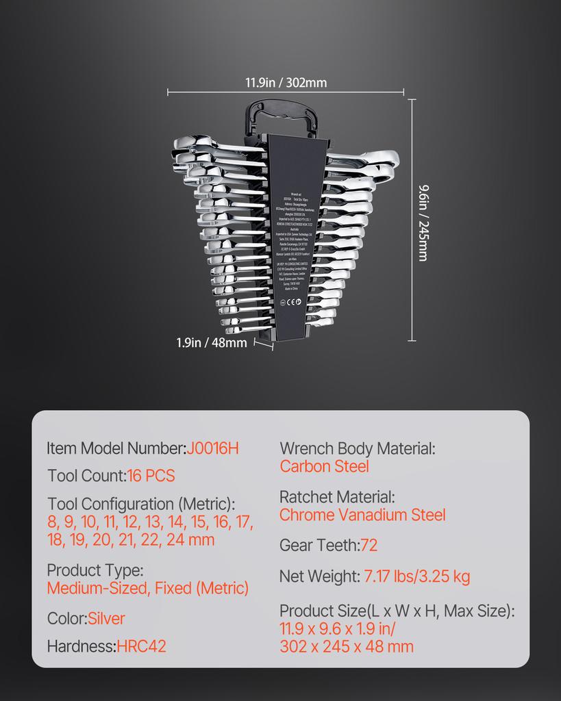 SucceBuy 8/16PCs Combination Wrench Set Ratcheting Wrench Organizer Rack Cr-V Steel Wrench Set Metric Ideal General Household
