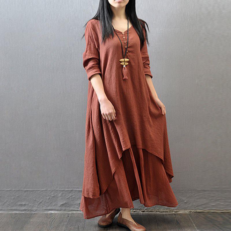 Robe Longue Imprimé Faux Deux Pièces Coton Lin Printemps/Automne 2026 – Coupe Ample, Manches Longues avec Grand Ourlet