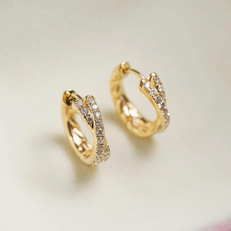 Orecchini a lobo in vero argento 925 con linee incrociate e zirconi, dorati, per donna, da festa, gioielli raffinati, accessori di lusso leggero