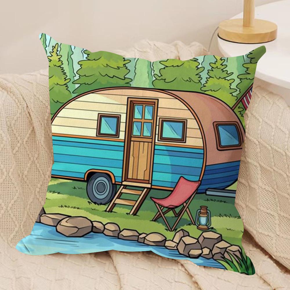 Happy Camper House Cushion Cover Soft Plush Throw Pillow Cover DoubleSided Decorative Cushion Case Sofa Bedroom Home Decor