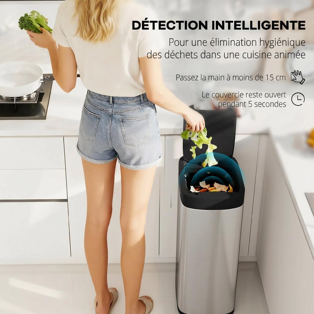 Automatic Kitchen Bin, 50 L, Motion Sensor, Battery, 26.5 x 35.5 x 68 cm, Silver