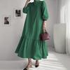 Women's Button Up Kaftan Oversized Dress Solid Color Casual 3/4 Sleeve Flounce Hem Long Dress