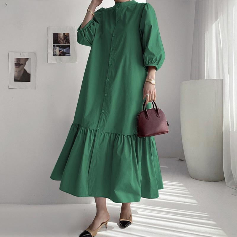 Women's Button Up Kaftan Oversized Dress Solid Color Casual 3/4 Sleeve Flounce Hem Long Dress