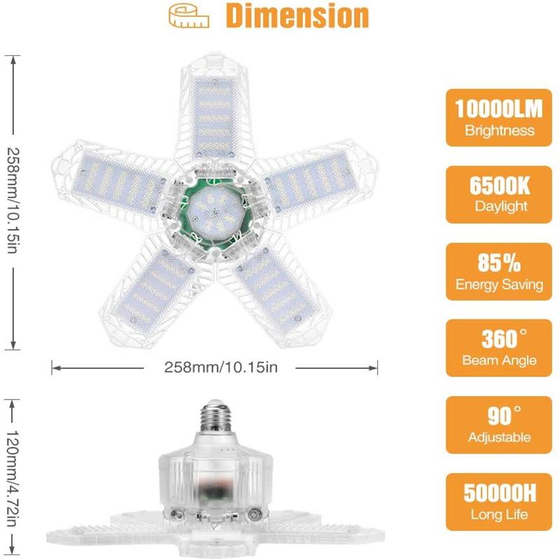 30/45/180W LED Garage Light E26/E27 Deformable Ceiling Light Warehouse Lighting Bulb with 5 Adjustable Panel Industrial LED Lamp
