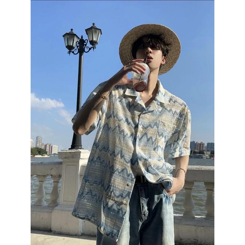Men Summer Geometric Print Cuban Collar Shirt