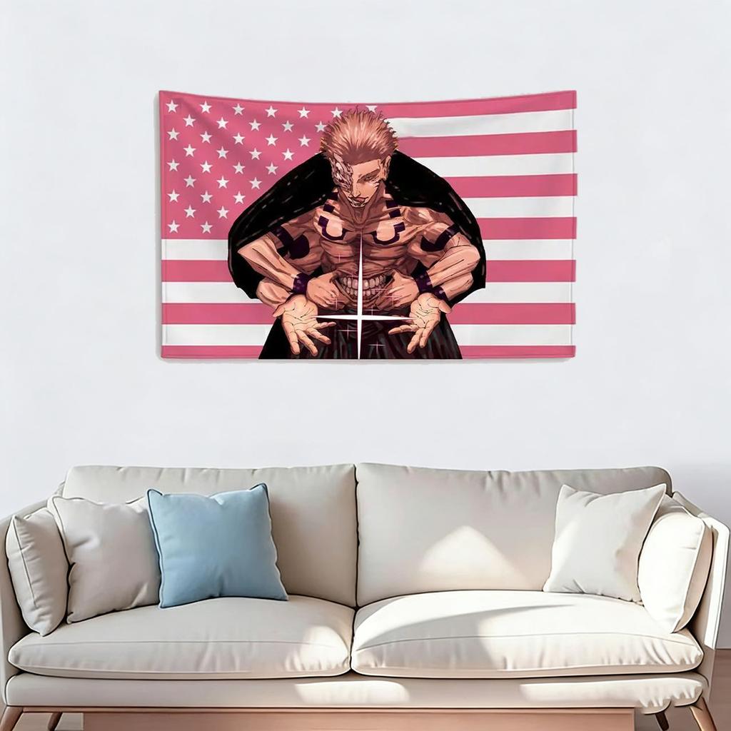 Jujutsu Kaisen Ryomen Sukuna Anime Tapestry USA Flag Style Wall Hanging Printed Wall Art for Bedroom Garage Outdoor Home Decor