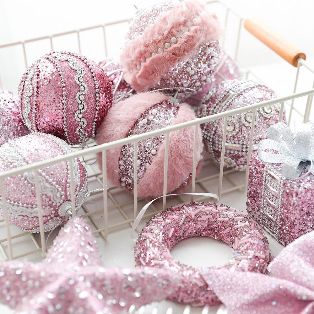 8cm Pink Christmas Balls Glitter Xmas Tree Pendant Christmas Tree Hanging Ornament  Living Room
