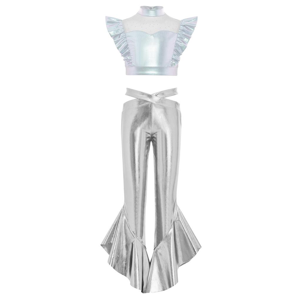 Girls Dance Crop Top with Flared Pants Mock Neck Sleeveless Mesh Rhinestone Ruffle Metallic Outfit Set