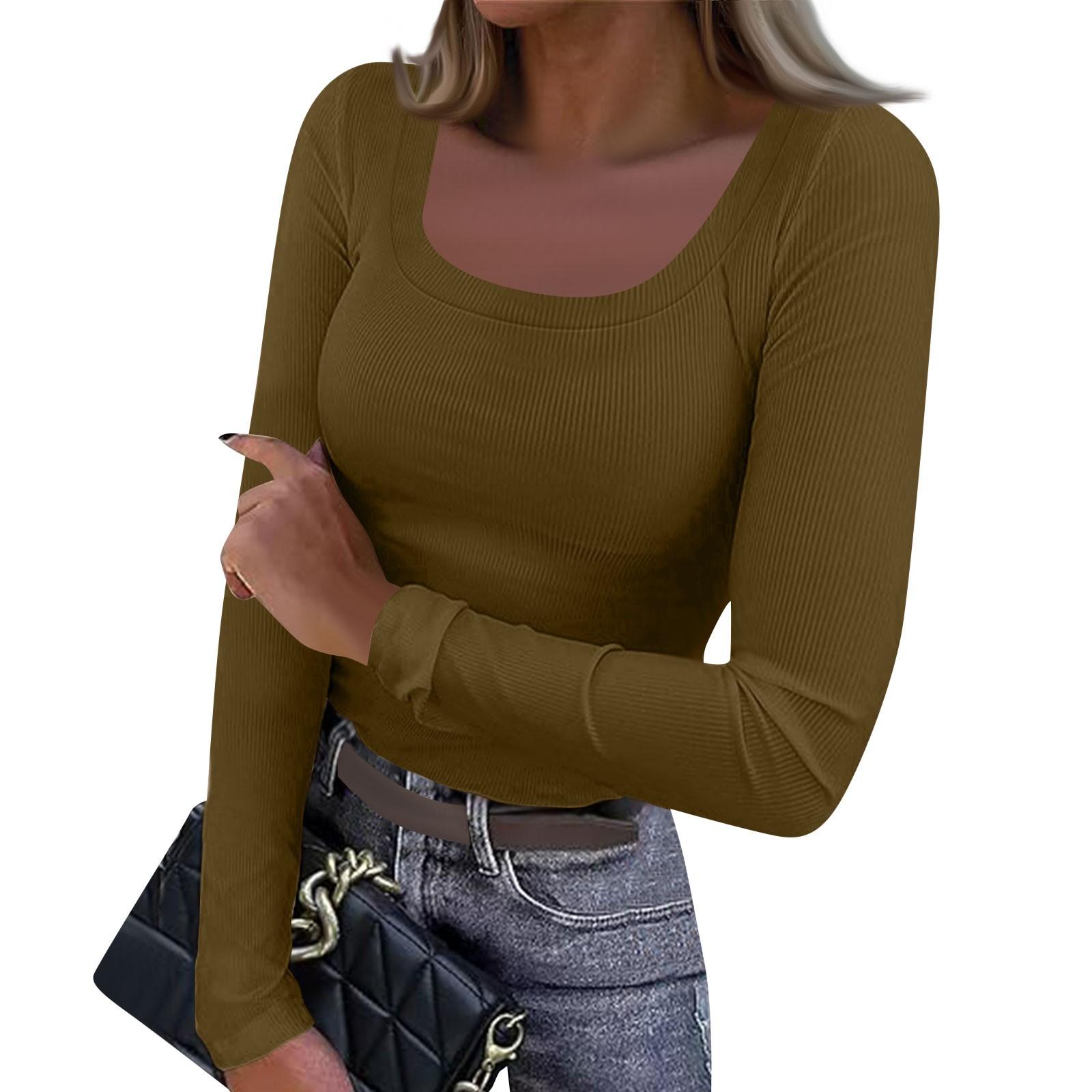 Women s And Winter Slim Bottom T-shirt Fashion Casual Color Square Neck Pullover Long Sleeve Top XXL