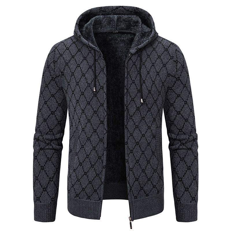 Winter Men's Cardigan Sweater with Thick Velvet and Loose Casual Hooded Knitted Jacket for Outerwear