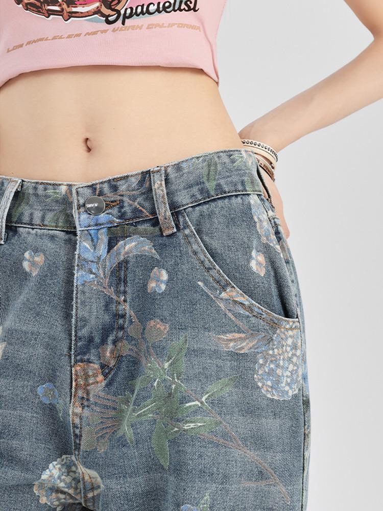 Women's High Waist Floral Print Denim Jeans - Summer 2024 Collection, Straight Wide Leg Slimming Fit.