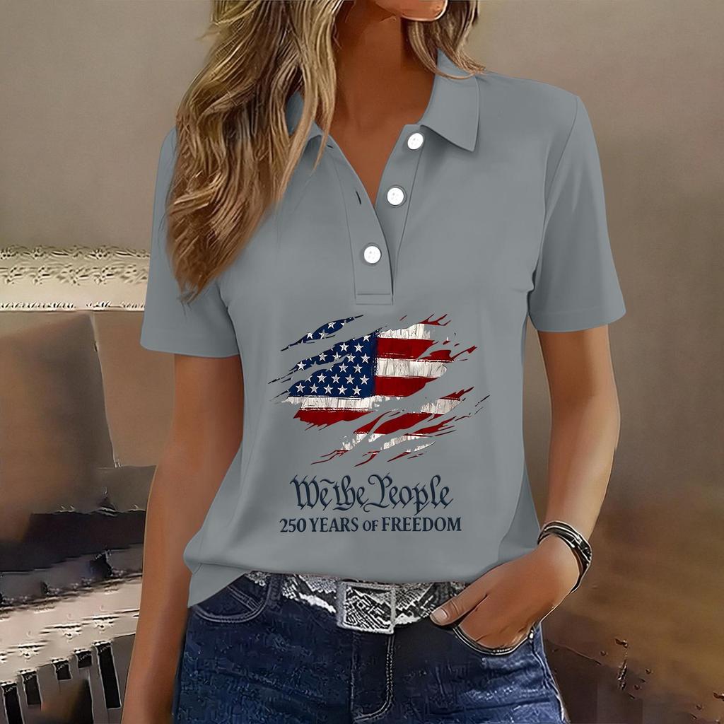 Damen Casual Knopfleiste Kurzarm Poloshirt Amerikanische Flagge Grafikdruck 250. Jahrestag Patriotisches Oberteil Leichtes Sommer-T-Shirt