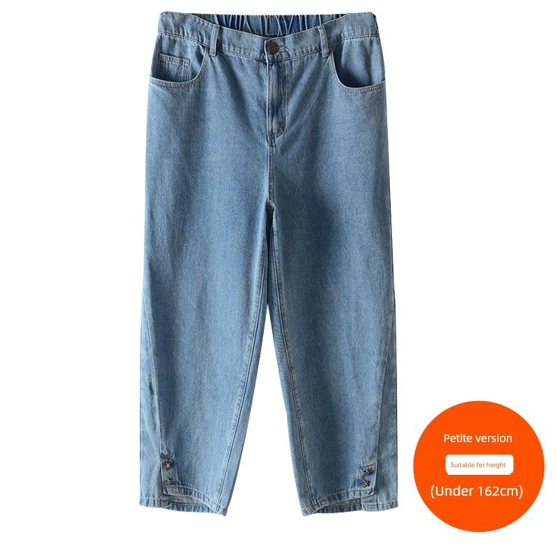 

Plus size women clothing [Slimming Long Legs] Three Pants Length Retro High Waist Design Split Capri Denim Pants Blue (under 162cm) 46