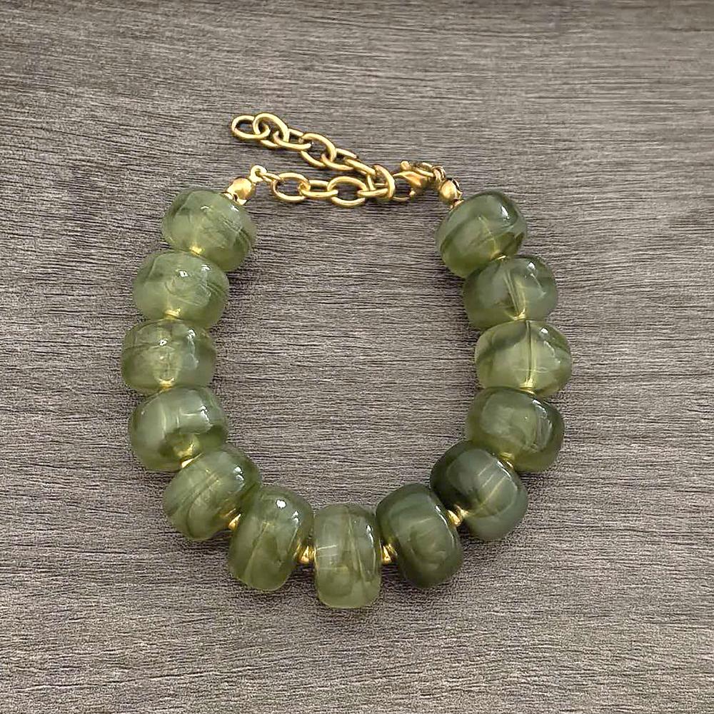 Round Resin Bracelet Women Statement Big Barrel Beads Stainless Steel Waterproof Thick Geometric Gold PVD Beige Coffee