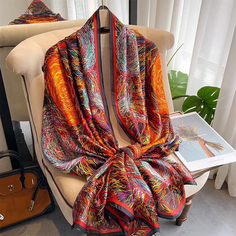 New Simulated Silk Printed Scarf for Women's Autumn and Winter Warmth Scarf Fashionable and Fashionable Foreign Style Shawl
