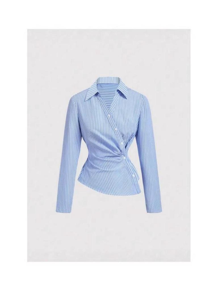 European Asymmetrical Twist Knot Blue & White Striped Long-Sleeve Women's Shirt