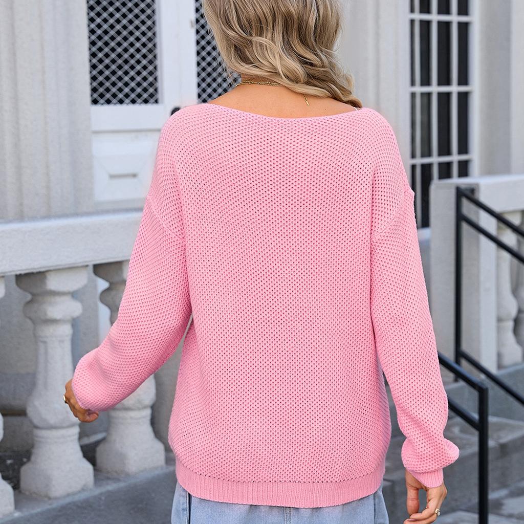 Women's Casual Solid Sweater Chest Pocket  Neck Long Sleeve Fall Knit Top Pullover