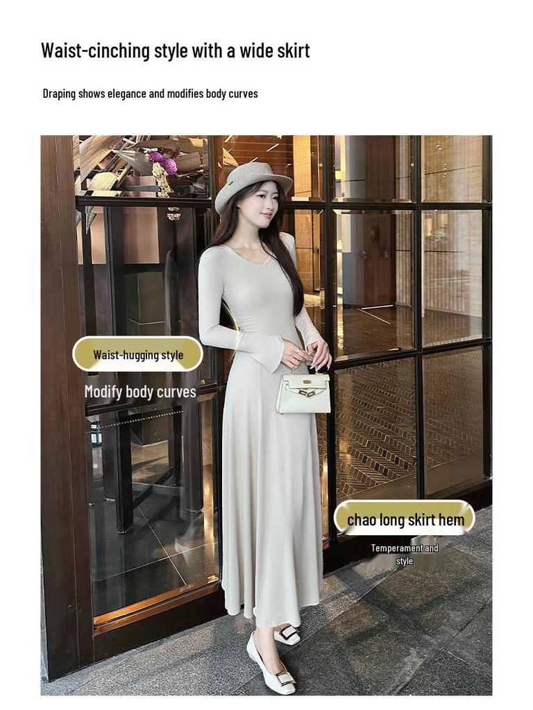 Women's Slim-Fit V-Neck Long Dress - New Autumn/Winter Cotton Base Layer