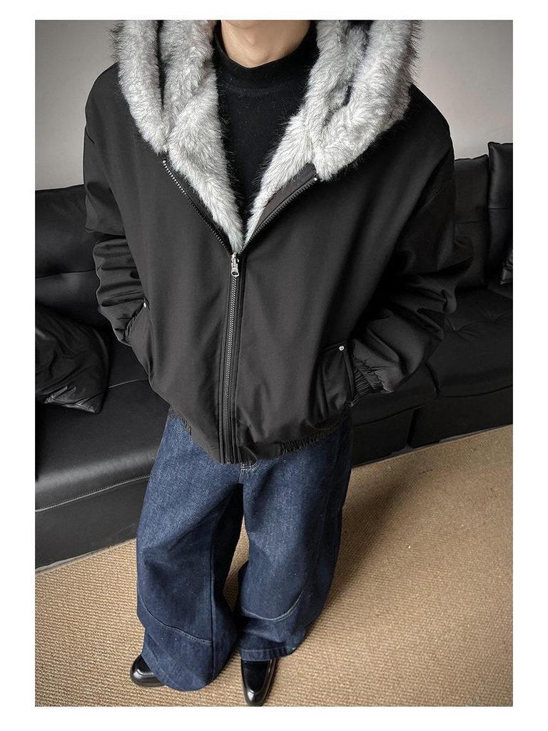 Men's Winter Polar Wolf King Heavyweight Mink Fur Hooded Jacket with Large Collar, Plus Velvet Thickened for Warmth.