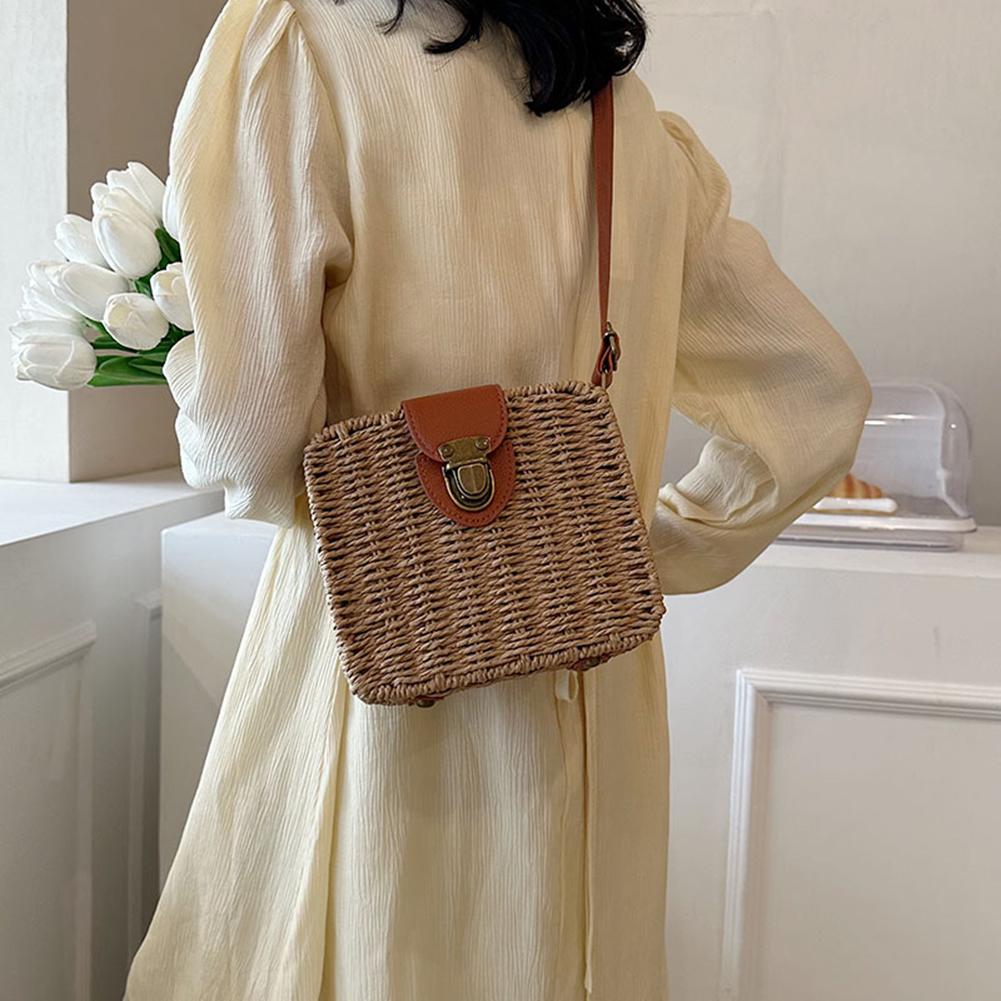 Women Crossbody Bags Fashion Woven Hand-woven Bag Casual Holiday Simple Handmade Adjustable Straps Small Square Bag