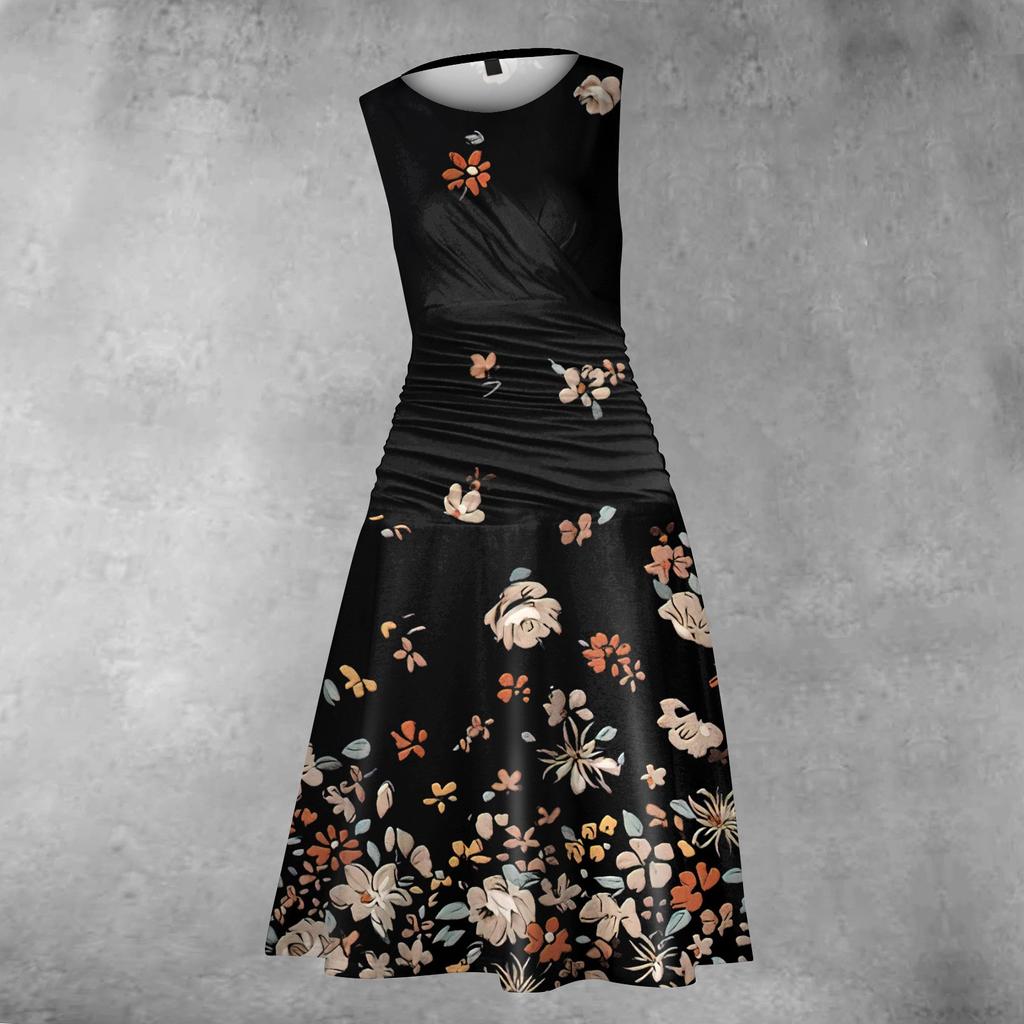 Women's Princess Dress Sexy Round Neck Printed Waist Pulled Sleeveless Dress