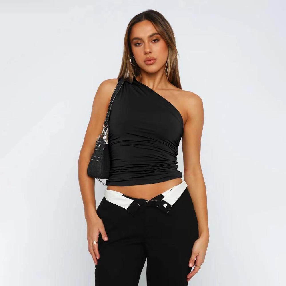 Sexy Style Spring Summer New Spicy Girl Women s Clothing Slanted Shoulder Sleeveless Sexy T-shirt Slim Fit Fashionable Vests S